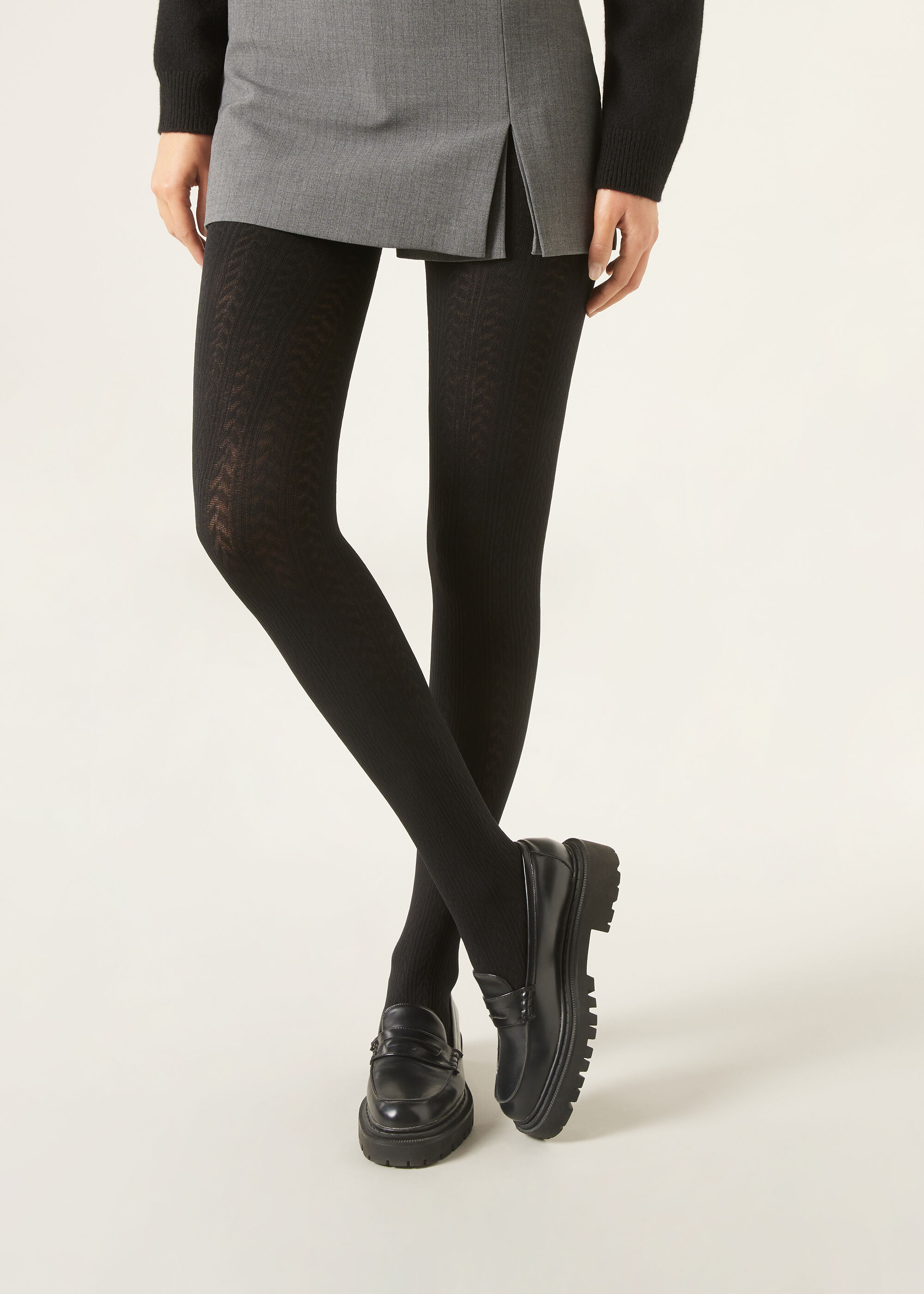 Cable-Patterned Opaque Thermal Tights