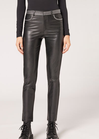 Coated-Effect Thermal Leggings with Stud Detail