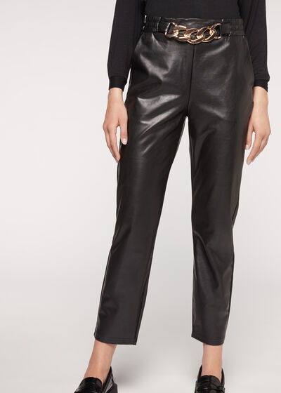 Thermal Coated Effect Leggings with Chain Trim