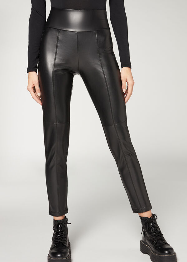 Thermo Skinny Leggings in Lederoptik mit hohem Bund