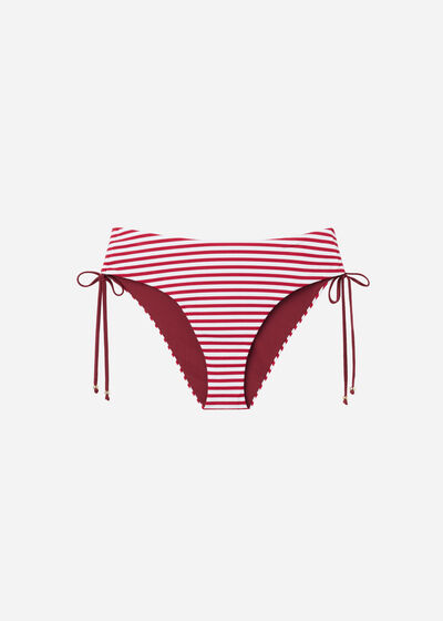 Drawstring High-Waisted Bikini Bottoms Nautical Stripes