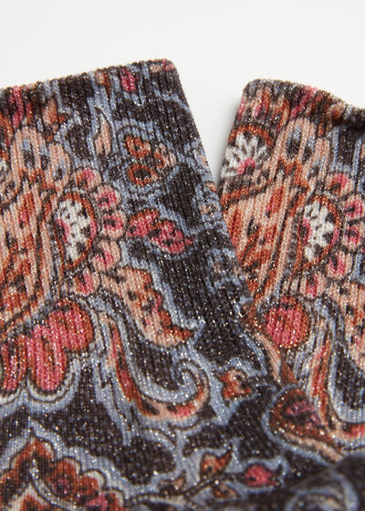 Baroque Print Short Socks with Glitter