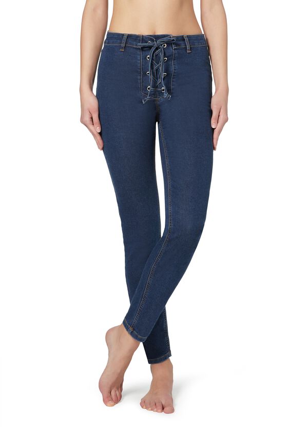 Denim leggings with crisscross pattern and detail at the waist