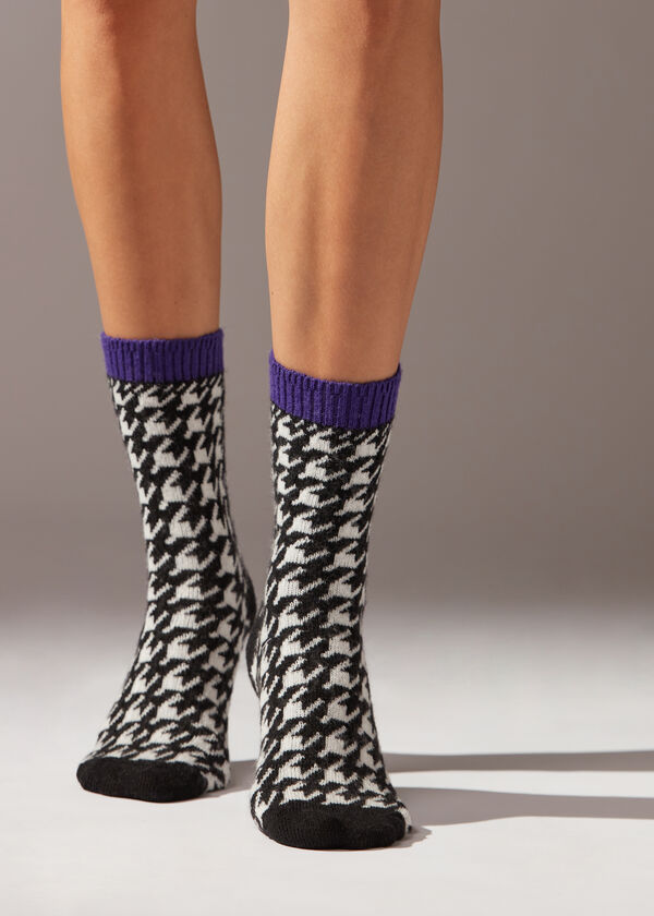 Houndstooth-Patterned Short Socks with Cashmere