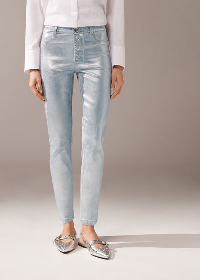 Elastiska jeans med laminerad effekt