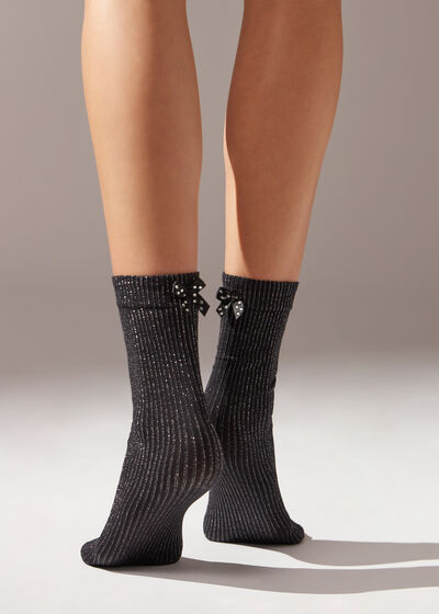 Glitter Narrow Rib Opaque Short Socks with Bow