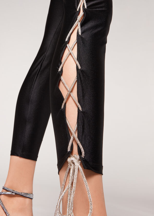 Super-Glossy Leggings with Sparkly Criss-Cross Ties