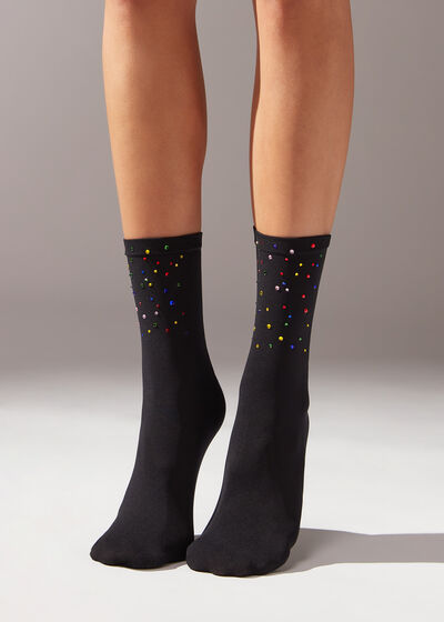 Opaque Short Socks with Rhinestones