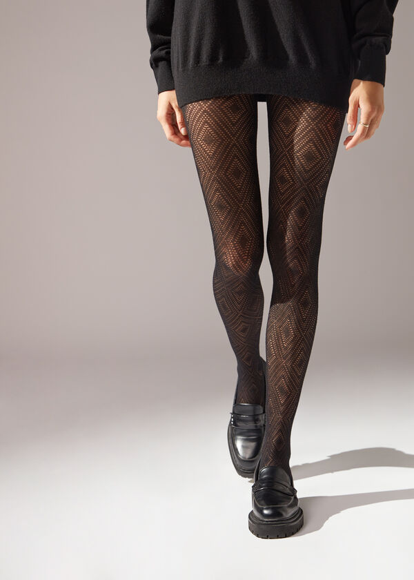 Openwork Diamond-Patterned Cashmere Tights - Patterned tights