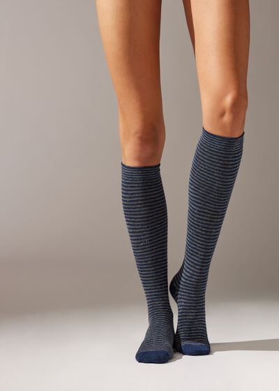 Vysoké Pruhované Ponožky s Příměsí Kašmíru s Flitry