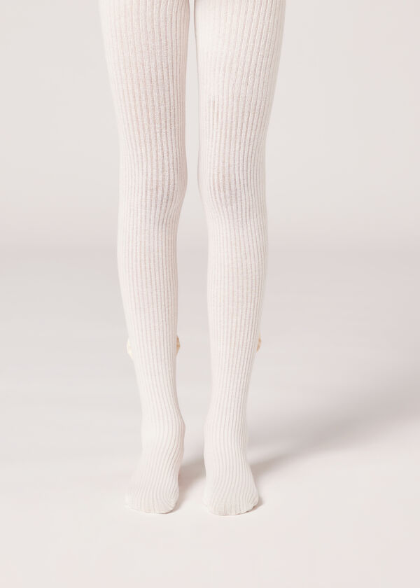 Girls’ Narrow Rib Cotton Tights with Bow