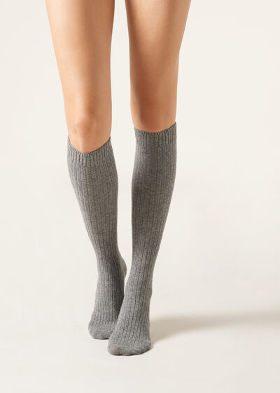 Lange gerippte Damensocken mit Wolle und Cashmere