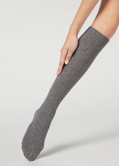 Lange gerippte Damensocken mit Wolle und Cashmere