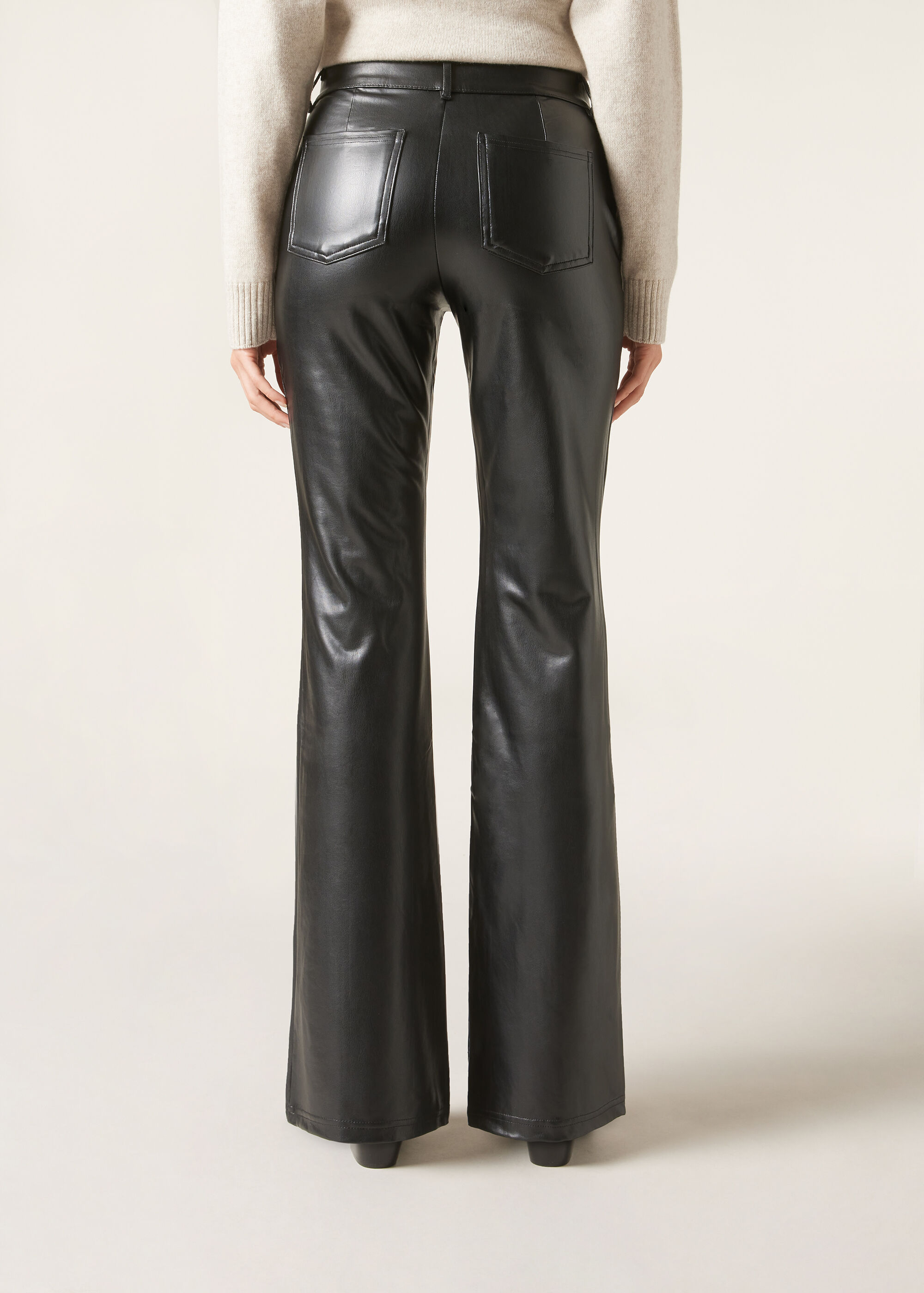 Coated-Effect Flared Trousers