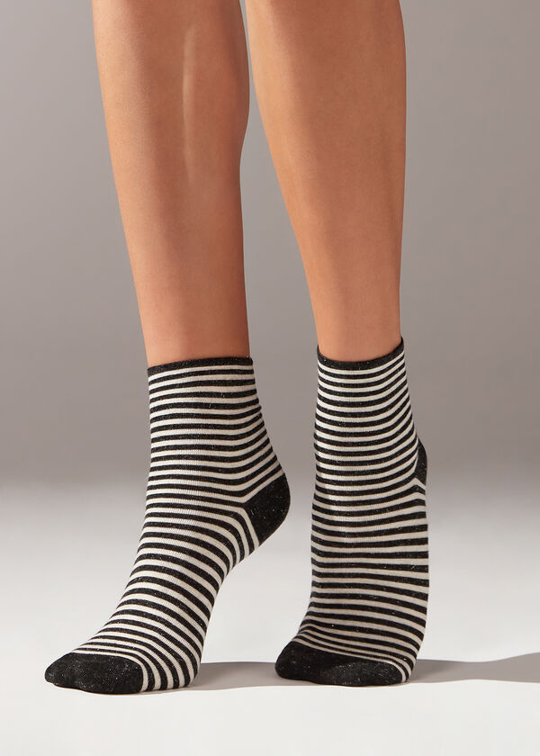 Striped Cashmere Blend Short Socks with Glitter