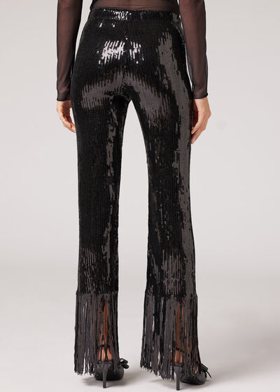 Flared Cropped Leggings with Sequin Fringe