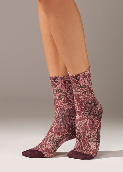 Baroque Print Short Socks with Glitter