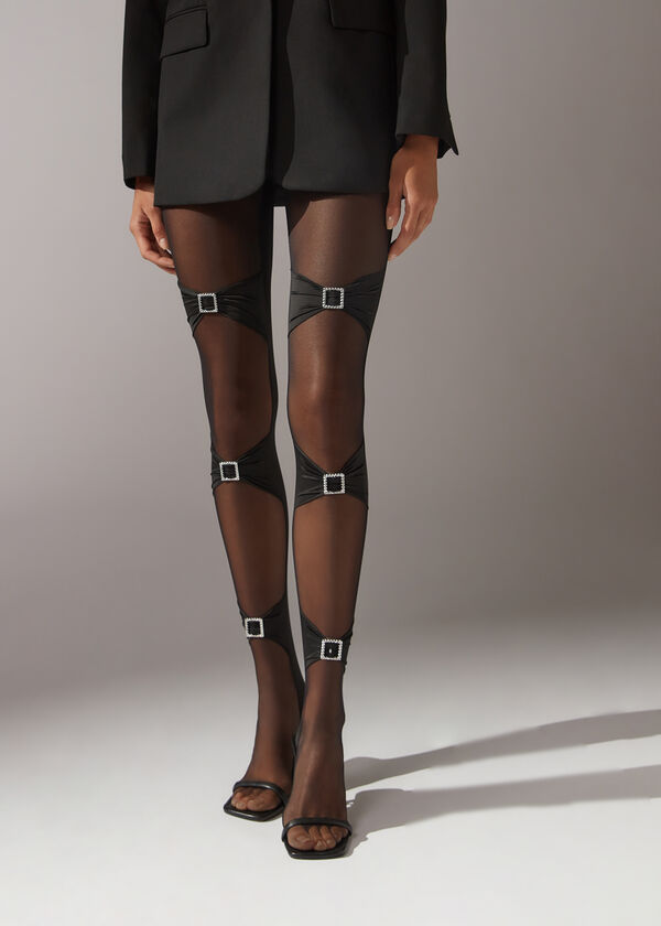Collant Arricciato con Fibbie e Strass