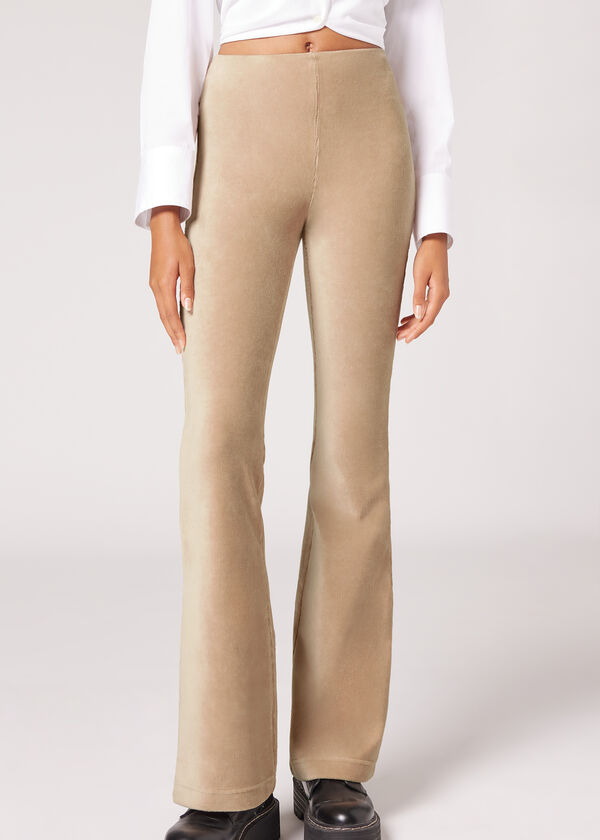 Vero Moda Petite jersey ribbed flare leggings in tan