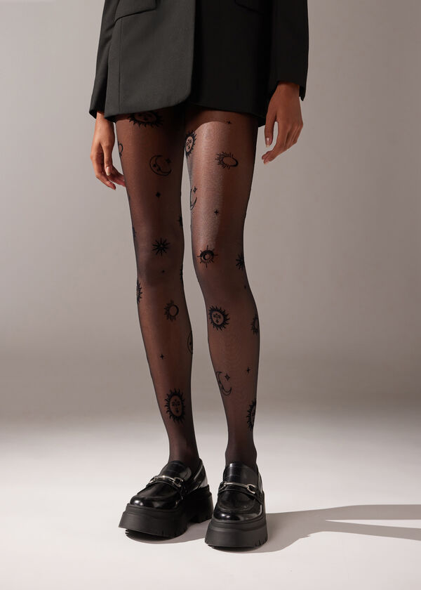 Transparente Strumpfhose 30 Denier mit „Mond und Sonne“-Flockprint