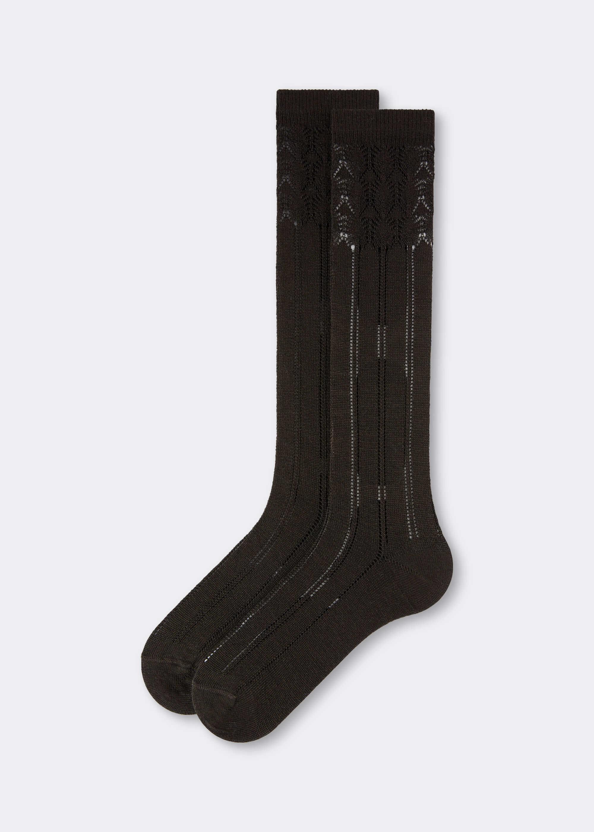 Lace-Patterned Long Socks with Wool