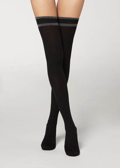 Flat Ribbed Thigh-Highs with Stripe Pattern