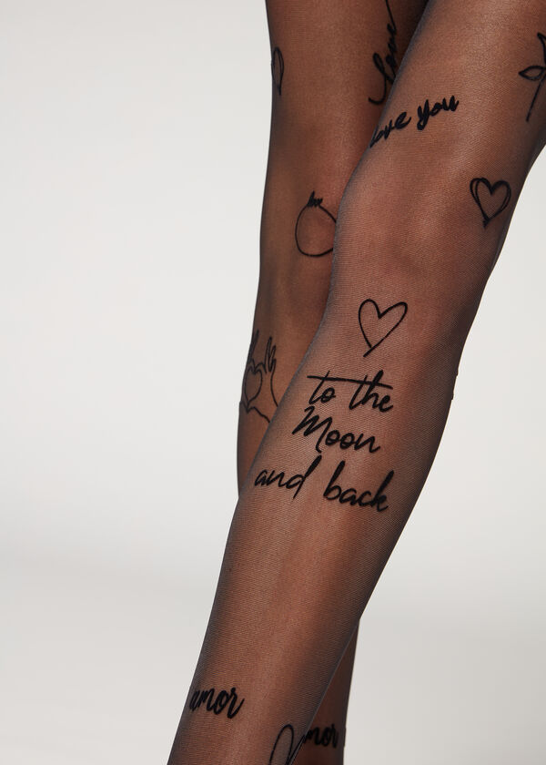 Transparente Strumpfhose 30 Denier mit Love-Flockprint