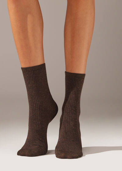 Ribbed Cashmere Blend Short Socks with Glitter