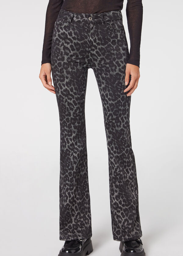 Jeans pattes d'éléphant motif animalier