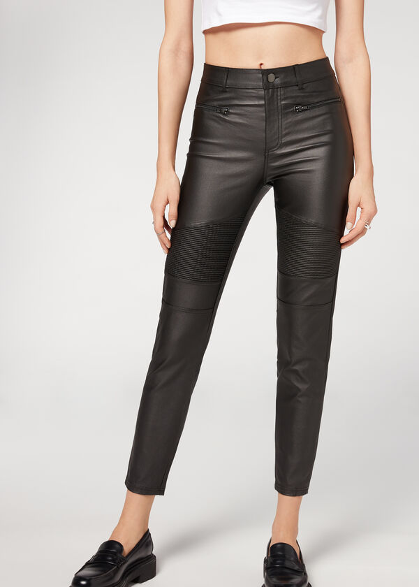 Coated-Effect Skinny Biker Leggings