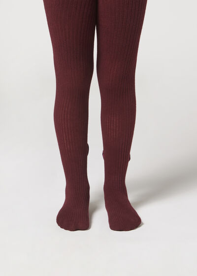 Girls’ Narrow Rib Cotton Tights with Bow