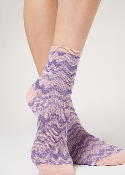 Wave Motif Short Socks with Glitter