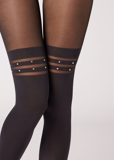 Longuette Effect Tights with Rhinestones