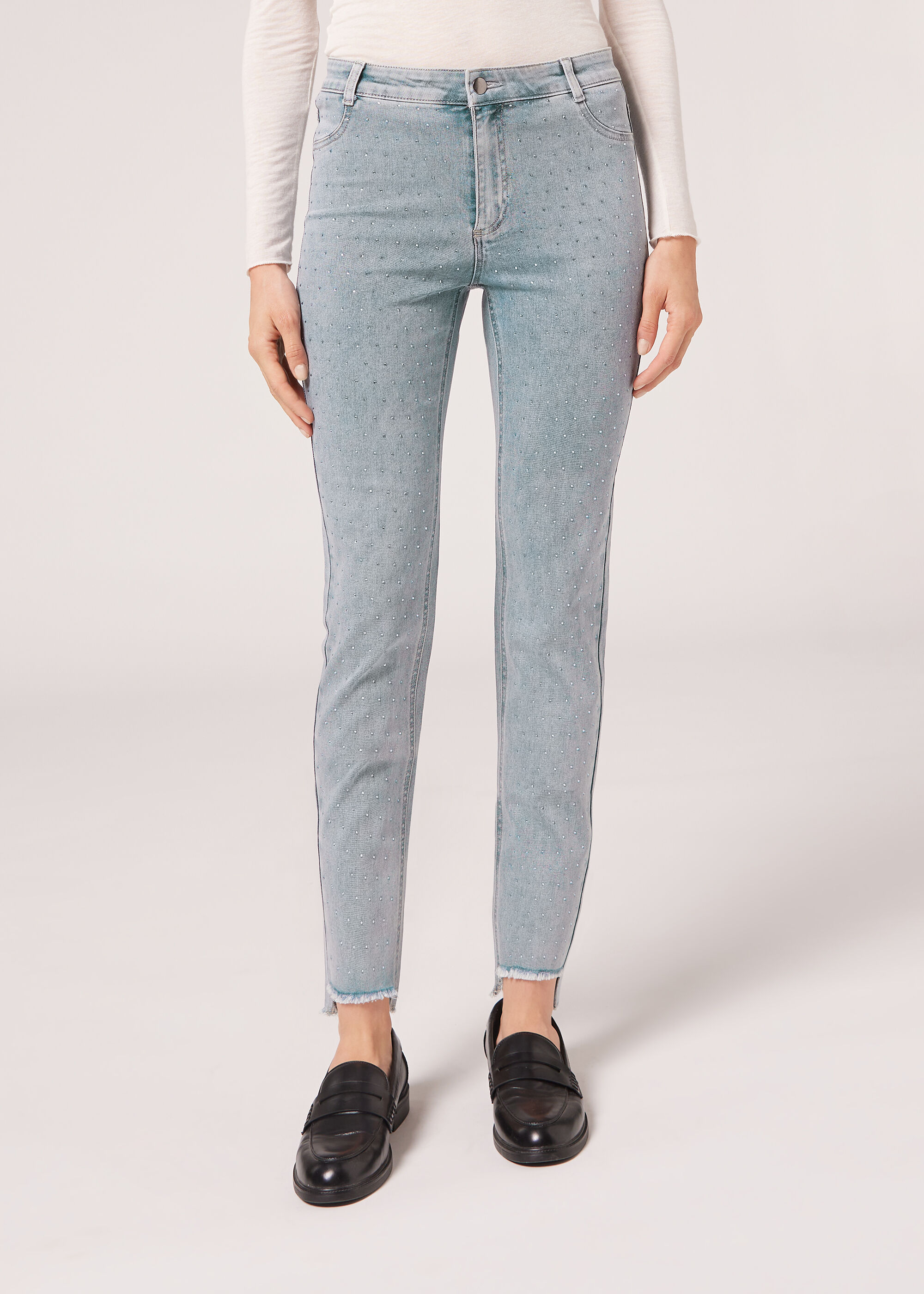 Cropped Jeans with Diamanté Appliqué Details