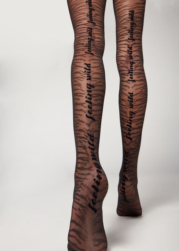 Flock Text Tiger-Patterned 50 Denier Tights