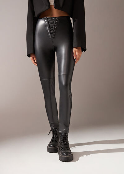Coated Thermal Skinny Leggings with Lacing