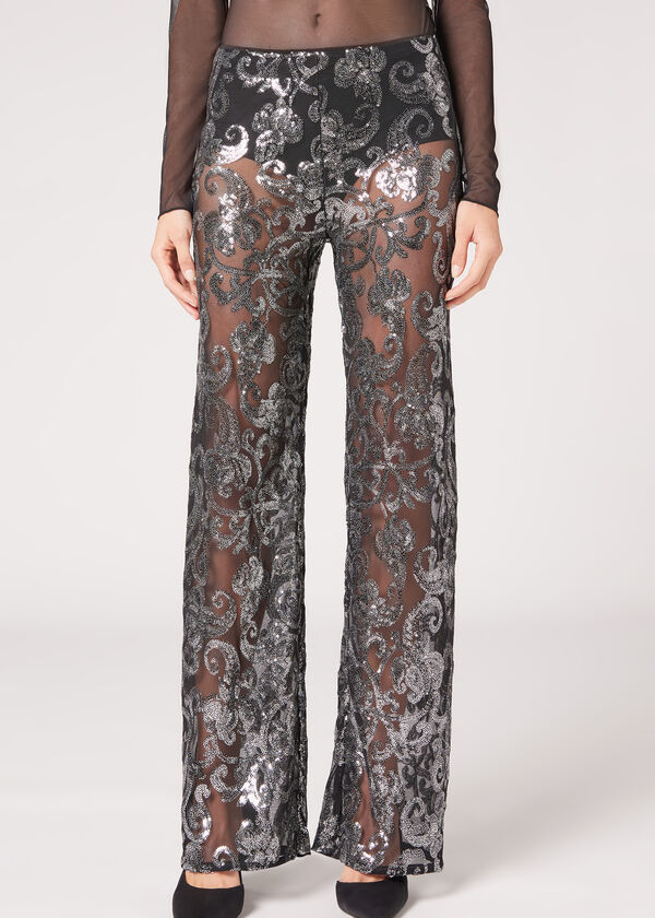 Leggings palazzo en tulle à paillettes