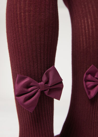 Girls’ Narrow Rib Cotton Tights with Bow