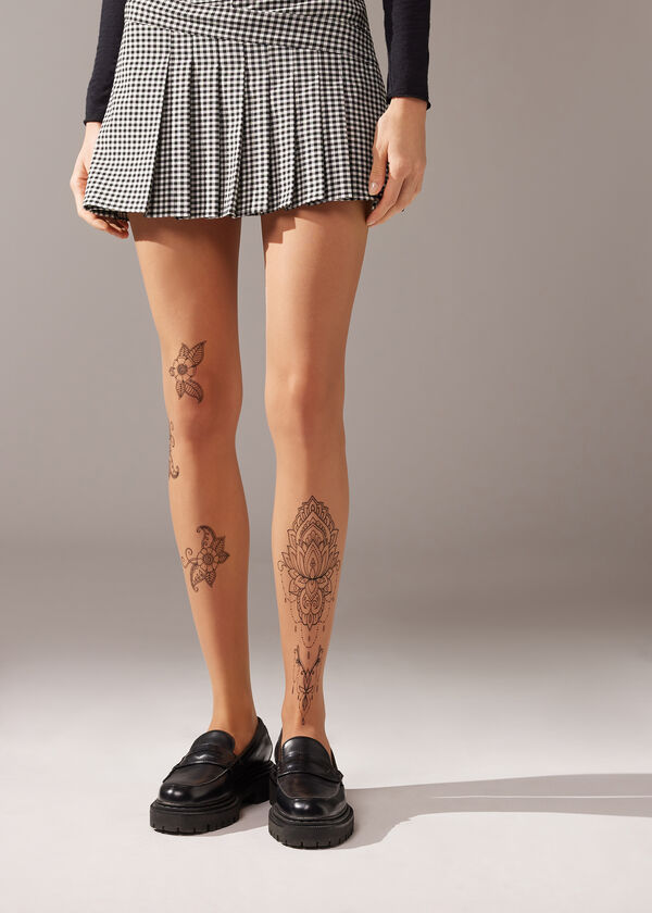 Pantis Transparentes de 20 Deniers con Estampado de Tatuaje Estilo Boho