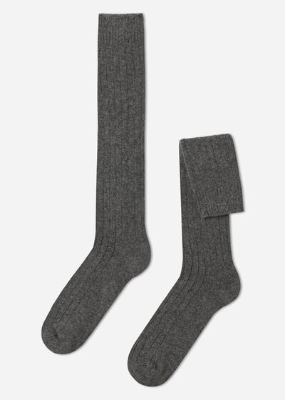 Ανδρικές Μακριές Κάλτσες με Ριμπ Ύφανση από Μαλλί και Κασμίρ