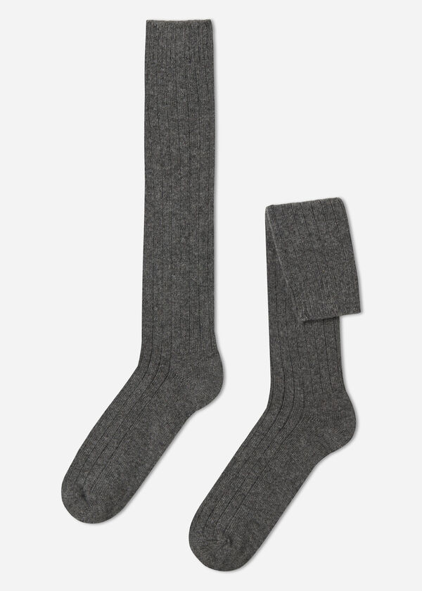 Lange gerippte Herrensocken mit Wolle und Cashmere