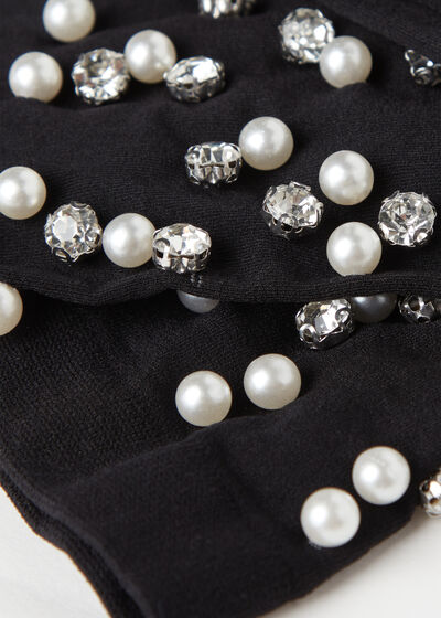Opaque Short Socks with Pearls and Diamanté Appliqué Details