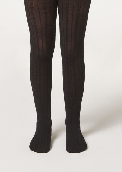 Girls' Cashmere Tights with Cable Pattern
