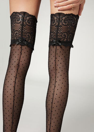 Flocked Dot and Small Diamond Tulle Thigh Highs