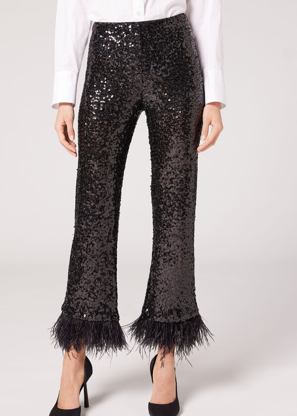 Sequin Flared Cropped Leggings with Feathers