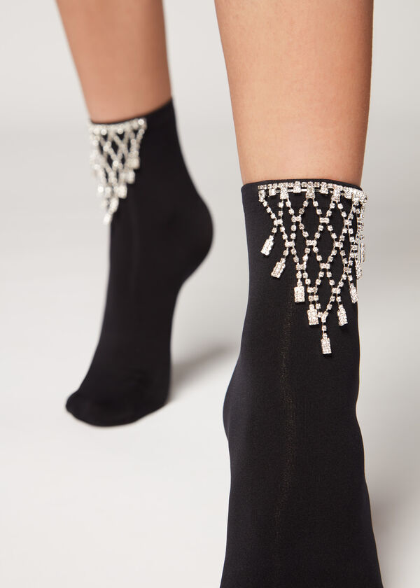 100 Denier Microfibre Short Socks with Diamanté Appliqué Details