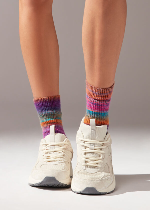 Κοντές Κάλτσες με Μαλλί και Πολύχρωμες Ρίγες