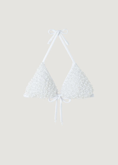 Triangle Bikini Top with Removable Padding White Pearls