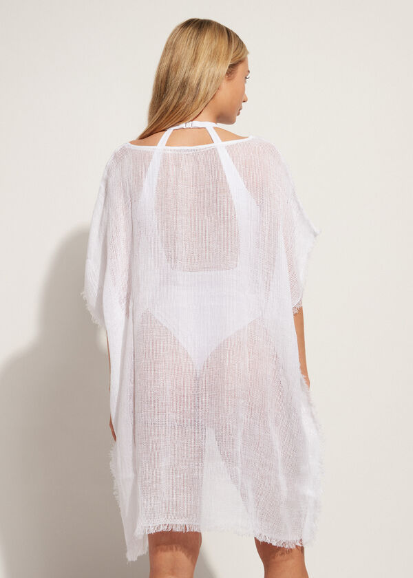 Fringed Caftan in Linen Mesh