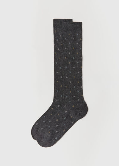 Men’s All-Over Diamond-Patterned Long Socks with Cashmere